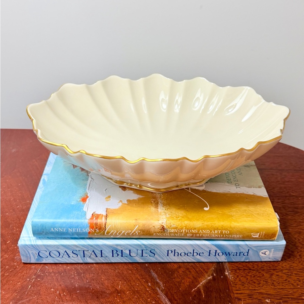 Vintage Lenox Ivory Pedestal Bowl with Gold Trim | Scalloped Mid-Century Serving - Picture 2 of 7